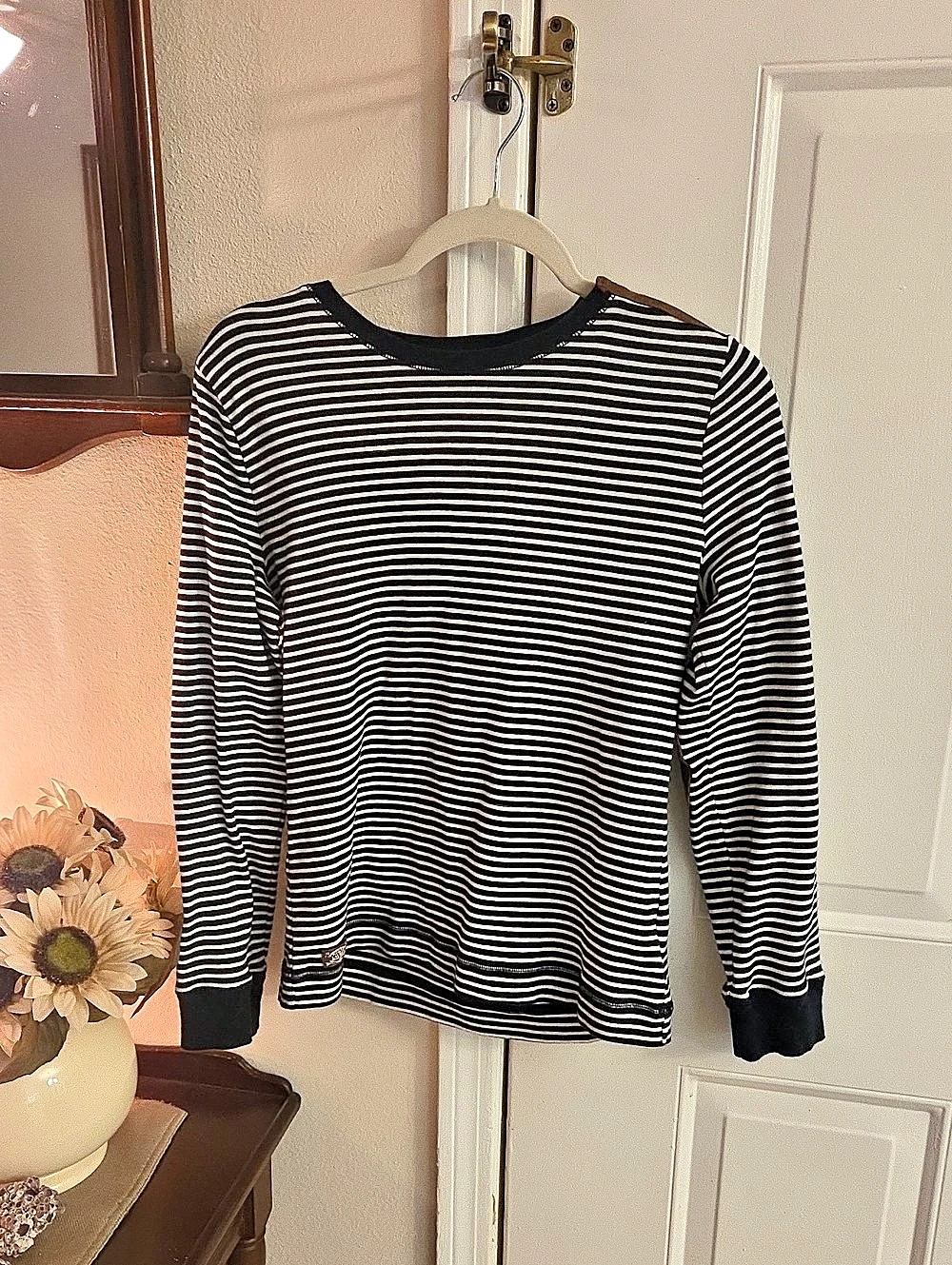 Lauren Ralph Lauren Black & White Striped Elbow Patch Shoulder Zip Long Sleeve